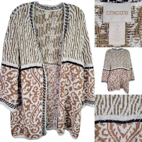 Chicos Fringe Cardigan Sweater Women's Size 2 US Large Open Front Cotton Neutral - Picture 1 of 10